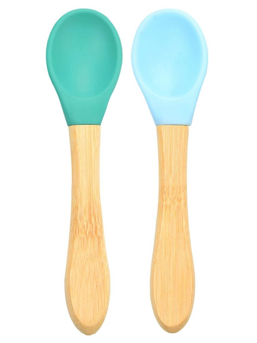 Silikon Mama Kaşığı 2'li Bambu Saplı Aqua Green/Mineral Blue - 1