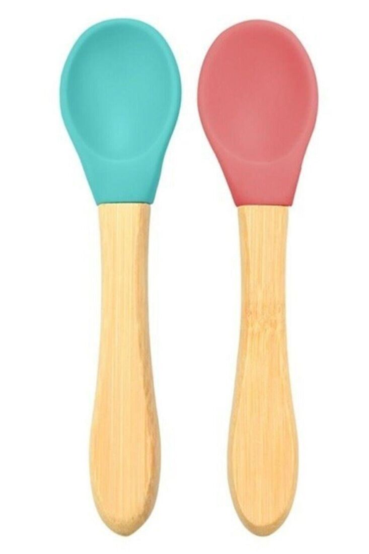 Silikon Mama Kaşığı 2'li Bambu Saplı Aqua Green/Velvet Rose - 1